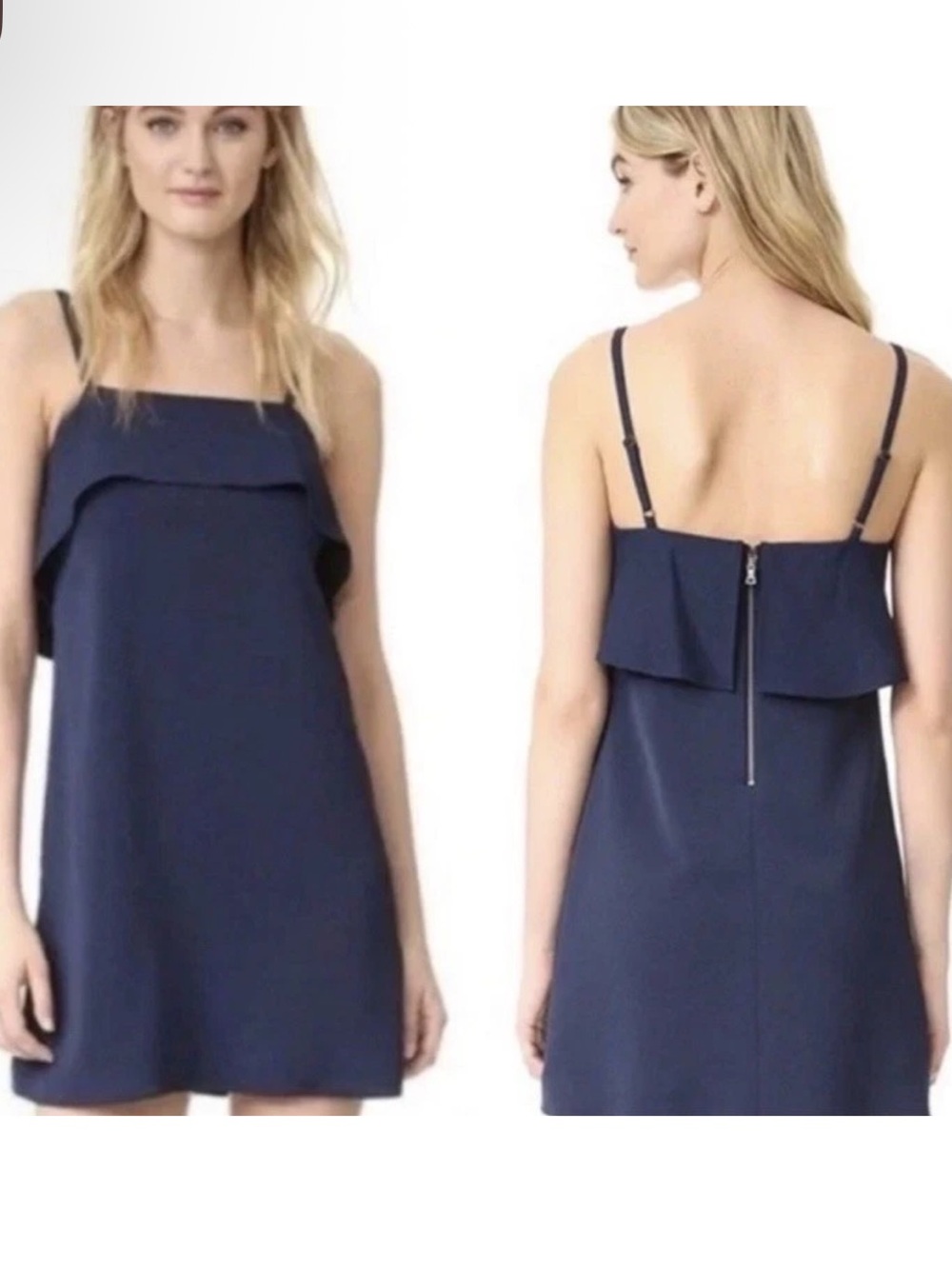 Alice + Olivia Navy Kipp Ruffle Overlay Shift Mini Spaghetti Strap Dress